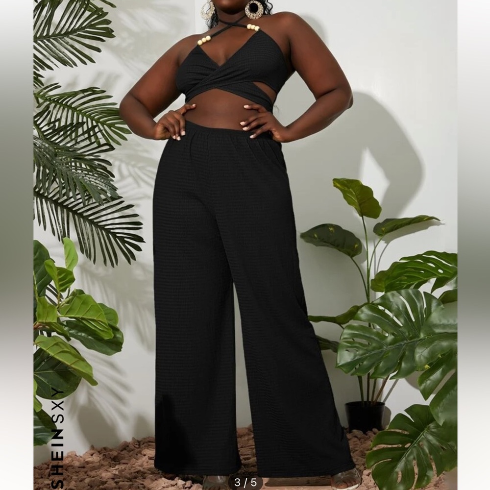 SHEIN SXY Plus Crisscross Tie Backless Bead Crop Halter Top & Wide Leg Pants